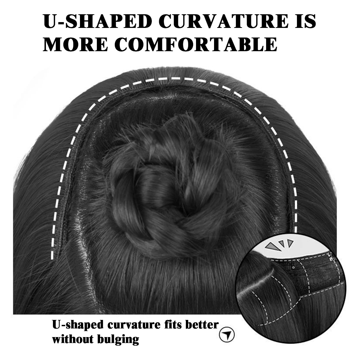Synthetic U-shaped hair extension piece is naturally bent and clamped in a woman's hair invisible hair piece