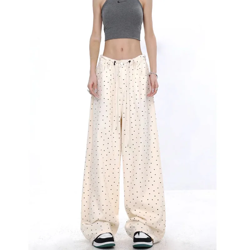 

KS 24ss Ladies Fashion Casual Polka Dot Jeans Women Waisted Slim Design Wide Leg Pants Streetwear Women Gothic Sweatpants