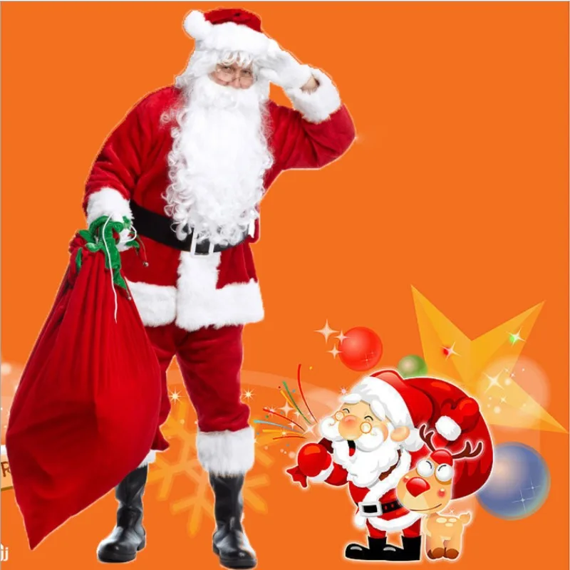 Santa Claus costume adult male Christmas theme costume grandpa father-in-law suit dress up plus size 5pc santa claus suit plush father christmas costume xmas fancy dress 100% polyester velvet kit（hat beard top pants belt）