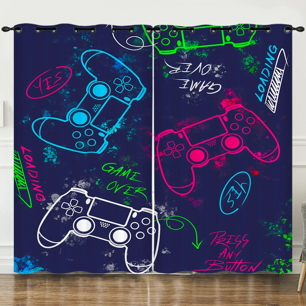 

Boys Games Curtains Blue Gamepad Window Curtains for Bedroom Living Room Kids Boys Girls Teens Video Game Controller Window