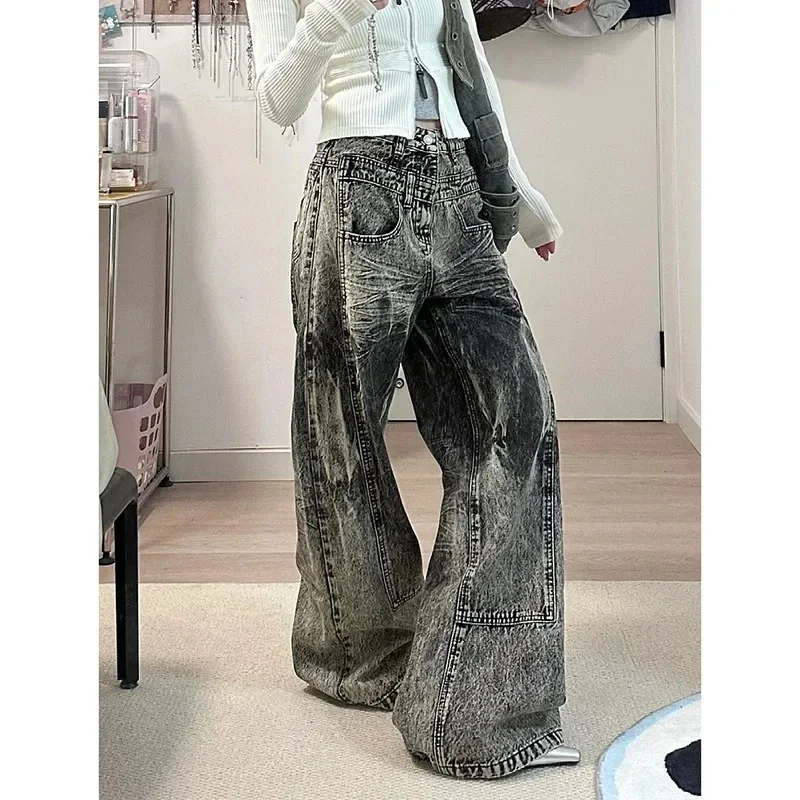 

Women's Baggy Grey Jeans Y2k Vintage Korean Cowboy Pants Fashion Harajuku Wide Denim Trousers 90s Aesthetic 2000s Trashy Clothes