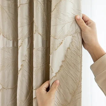 Tende per finestre di alta qualità Rilievo 3D Foglia d'oro Beige Tende oscuranti Occhiello per soggiorno lussuoso Camera da letto Balcone 1PC 1