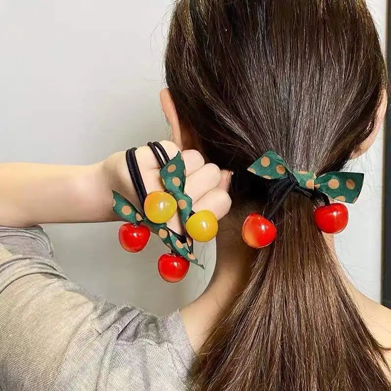 Women Fashion Crystal Cherry Fruit Elastic Hair Bands For Girls Korean Wave Point Bow Hair Ties Streamer Bowknot Rubber Bands floral children streamer headbands headdress headwear korean style teethed braided hair hoop butterfly ribbon hair band kids