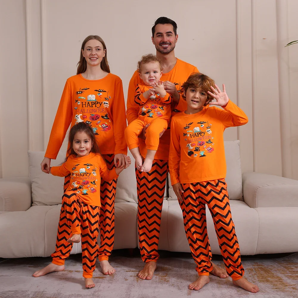 Happy Halloween Family Clothes Cartoon Print Parent-child Matching Pajamas Set 2 Pcs Suit Baby Romper Soft Sleepwear Family Look