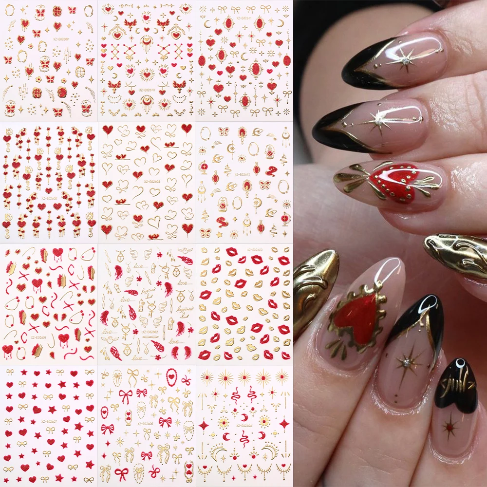 8/12개 3D 하트 네일 스티커 레드 골드 립스 셀프 접착 데칼 스타 문 보우 라..