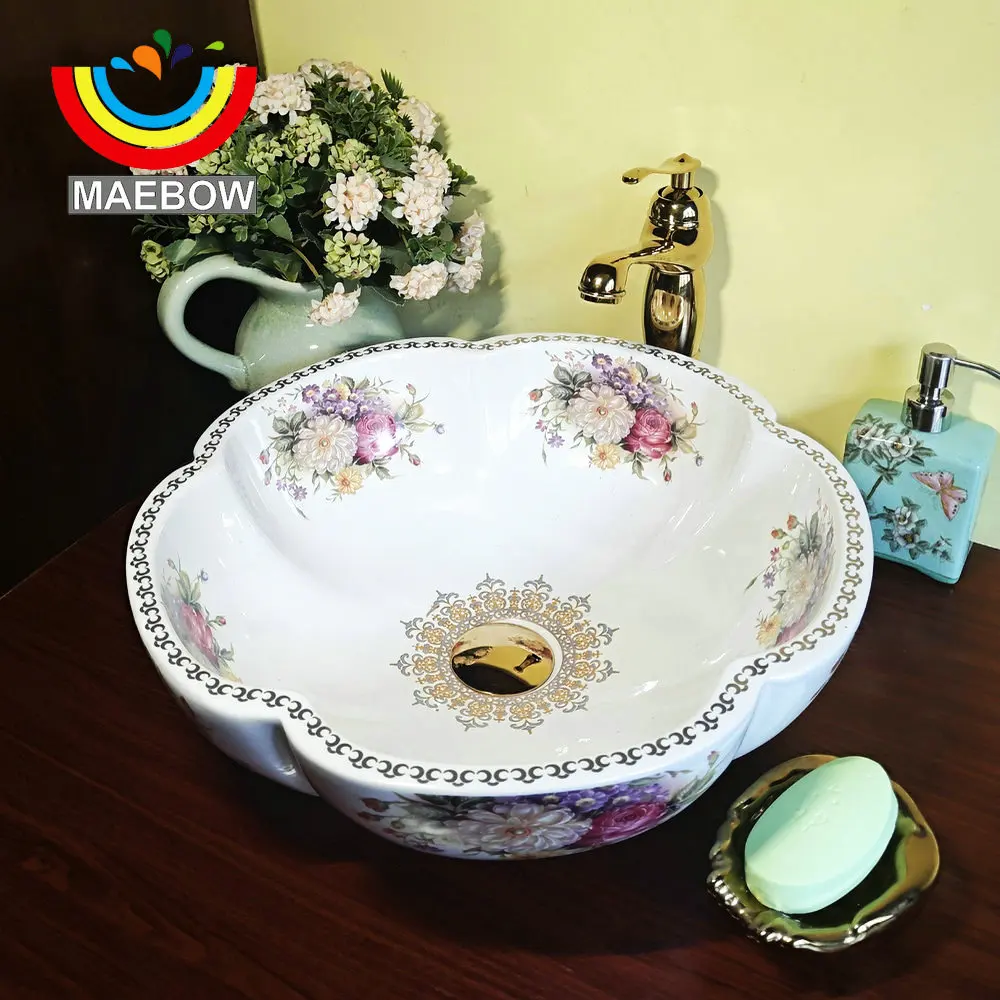 MAEBOW Artistic Sink Europe Style Handmade Flower Shape Ceramic Countertop Bathroom Wash Basin Bathroom Sink 5