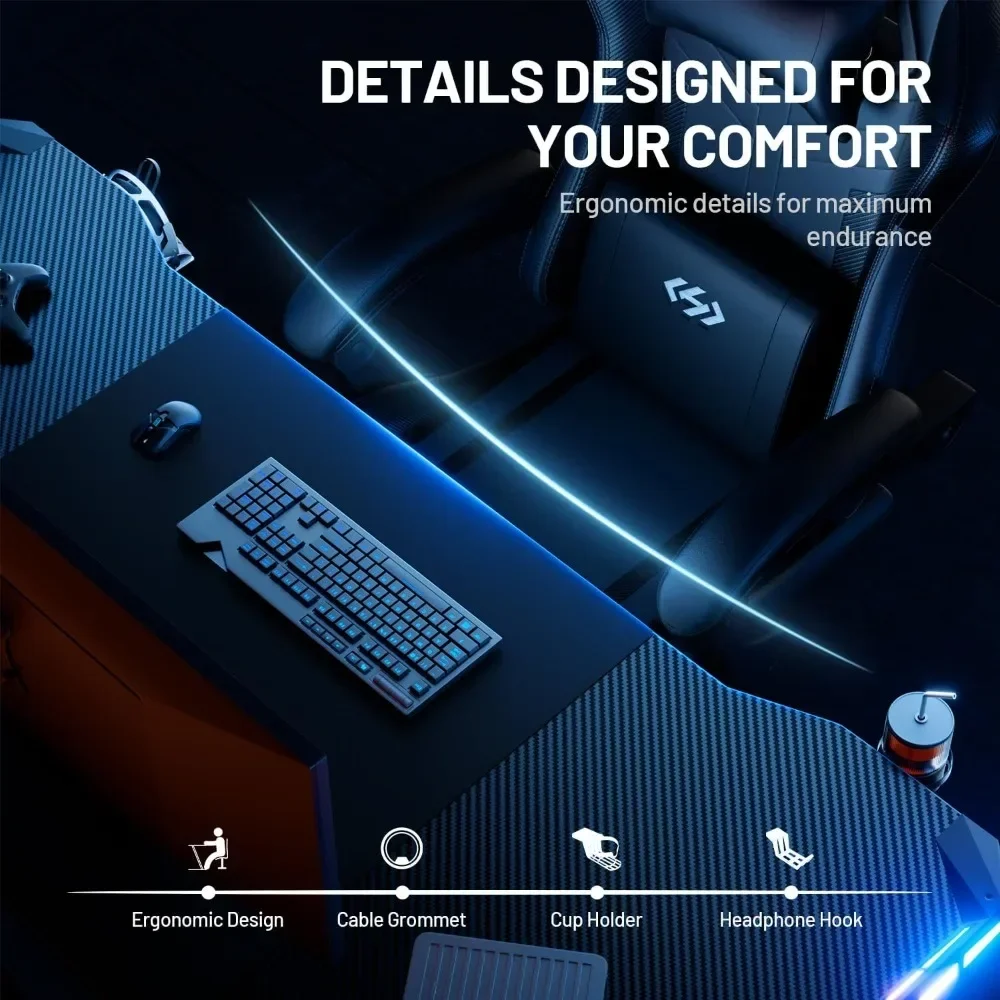 47 Inch Gaming Desk with LED Lights Carbon Fibre Surface Gaming Table Large Computer Desk Ergonomic Home Office Desks Z Shaped