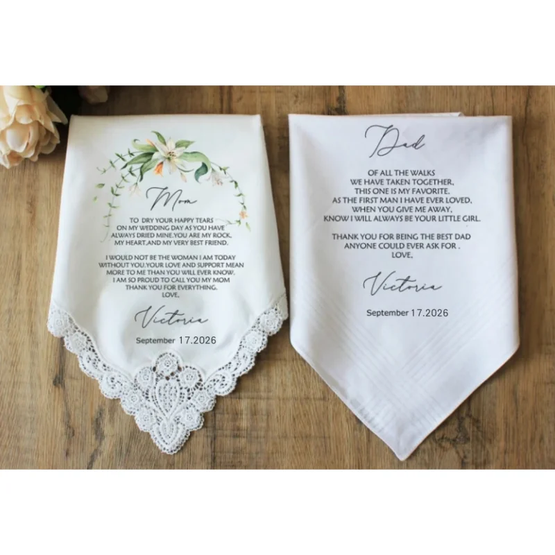 

Custom Wedding Handkerchief-Bride Lace Handkerchief-Mom and Dad Handkerchiefs-Mother & Father of the Bride Gift from the Bride