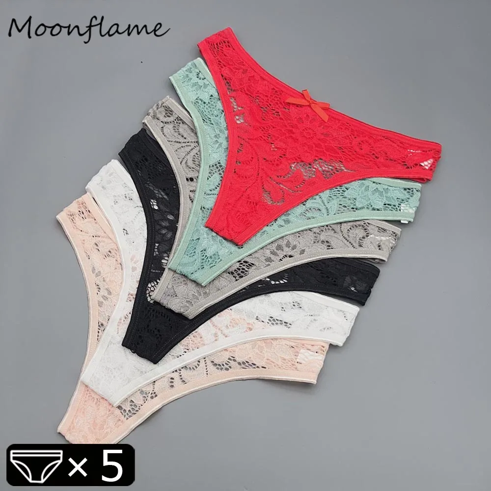 Moonflame 5Pcs Lace Thongs Woman Underwear Lingerie For Women T-back Ladies Transparent G-string Girls Panties