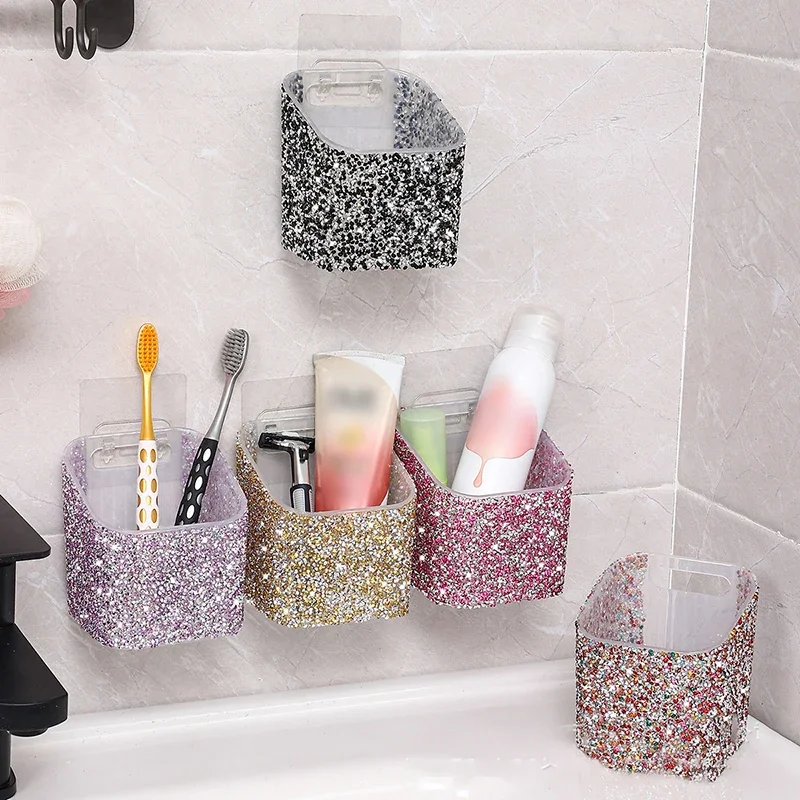 Luxury Rhinestone Wall Mounted Toothbrush Holder Bathroom Storage Holder Non Perforated Toothpaste Kitchen Accessories