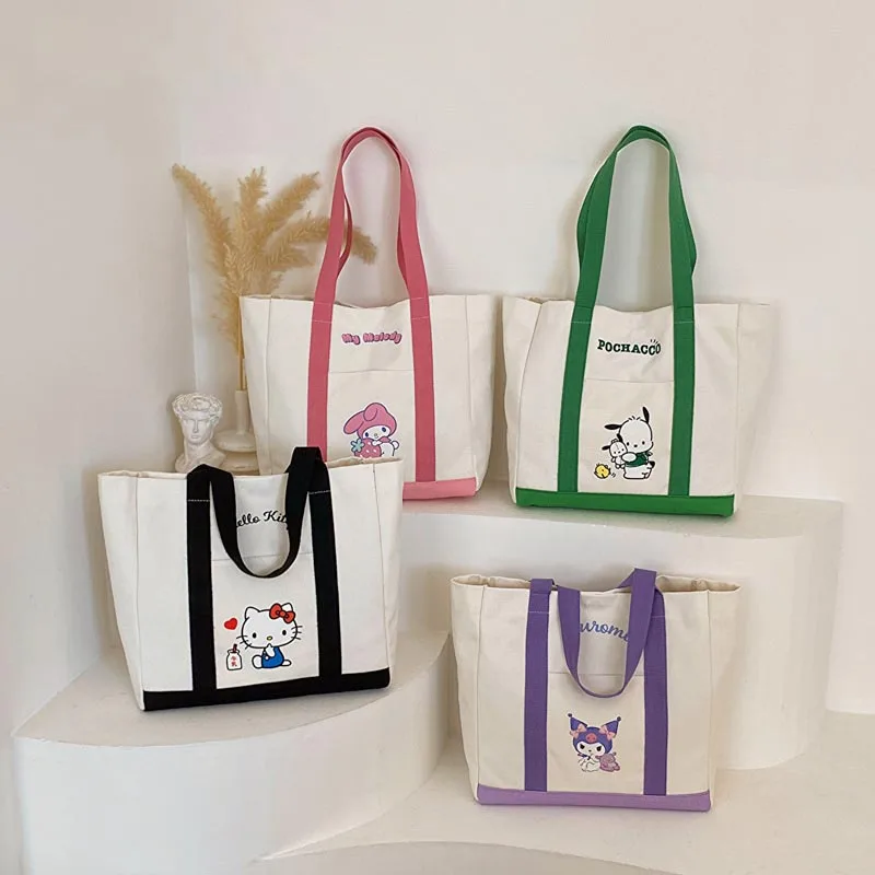 

Kawaii Sanrio Canvas Bag Hellokittys Kuromi Cinnamoroll Mymelody Cute Anime Shoulder Bag High Capacity Shopping Bag Storage Bag