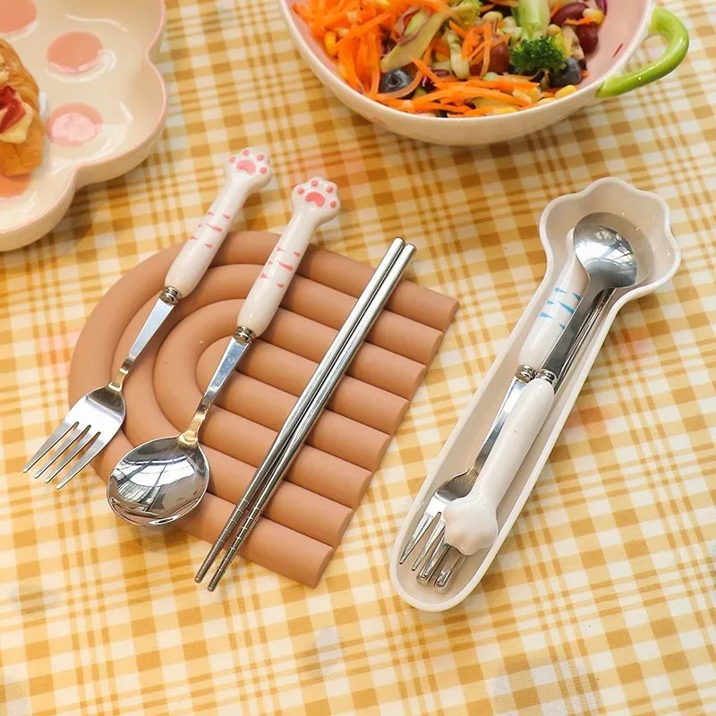 Cartoon Cute Cat Claw Spoon Fork Chopstick Set Student Children Outdoor Camping Portable Tableware Set