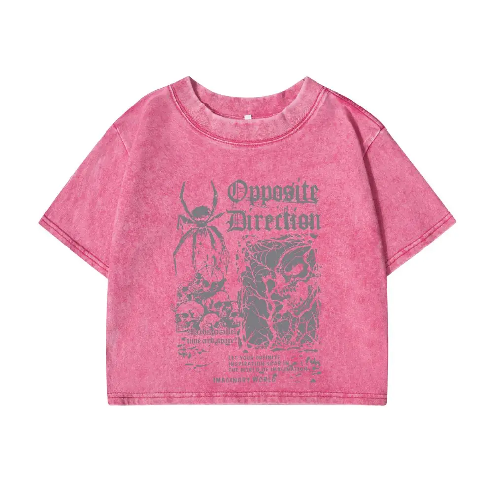 Womans Baumwolle Crop Washed T-Shirts Scary Spider Skull Prints Kurzarm Oversize O-Ausschnitt Distressed Tops Weibliche Straßenkleidung – Detail 11