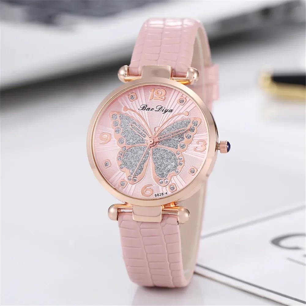 Casual Round Pointer Quartz Watch Cute Rhinestone Butterfly Pattern Dial Analog Dress Watch, Gift For Women Girls 5