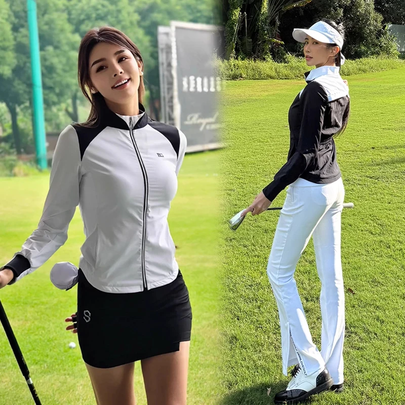 Women spring and autumn thin tench coat golf clothing ladies slim-fit long sleeve contrasting quick dry jacket female golf wear