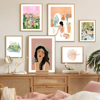 보호 여름 소녀 수영 팜 레오파드 벽 아트 캔버스 그림, 북유럽 포스터 및 인쇄 벽 그림, 거실 장식