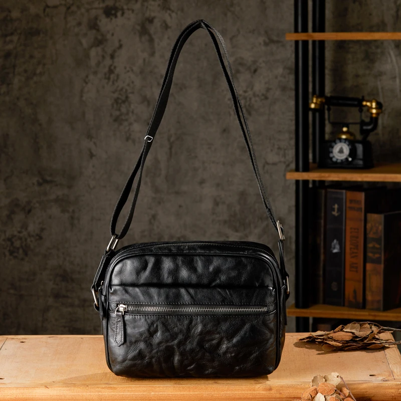 Casual Retro Genuine Leather Crossbody Bag Handmade Top Layer Cowhide Leather Shoulder Bag For Men Zipper Office Messenger Bag