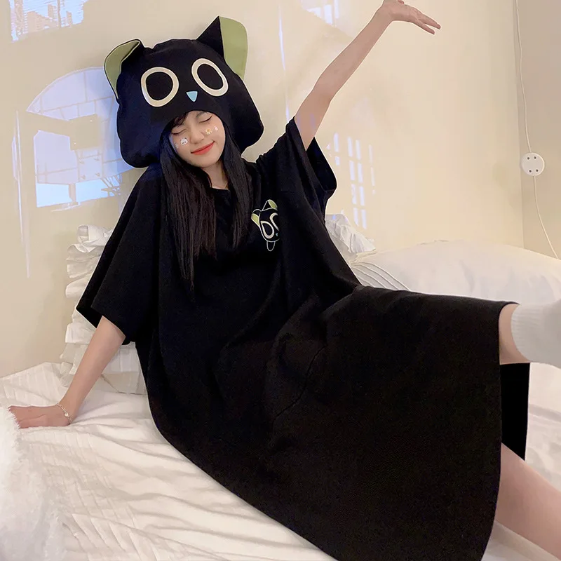 

Anime Kawaii Sanrio Bad Badtz Maru Cartoon Women's Pajamas Summer Cotton Short-Sleeved Pajamas Loose Cute Hooded Home Clothing