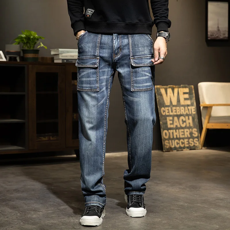 Multi-Pocket Baggy Jeans Mens Streetwear Cargo Denim Pants Straight Trousers Plus Size 40 42 44 denim pants denim trousers cargo jeans
