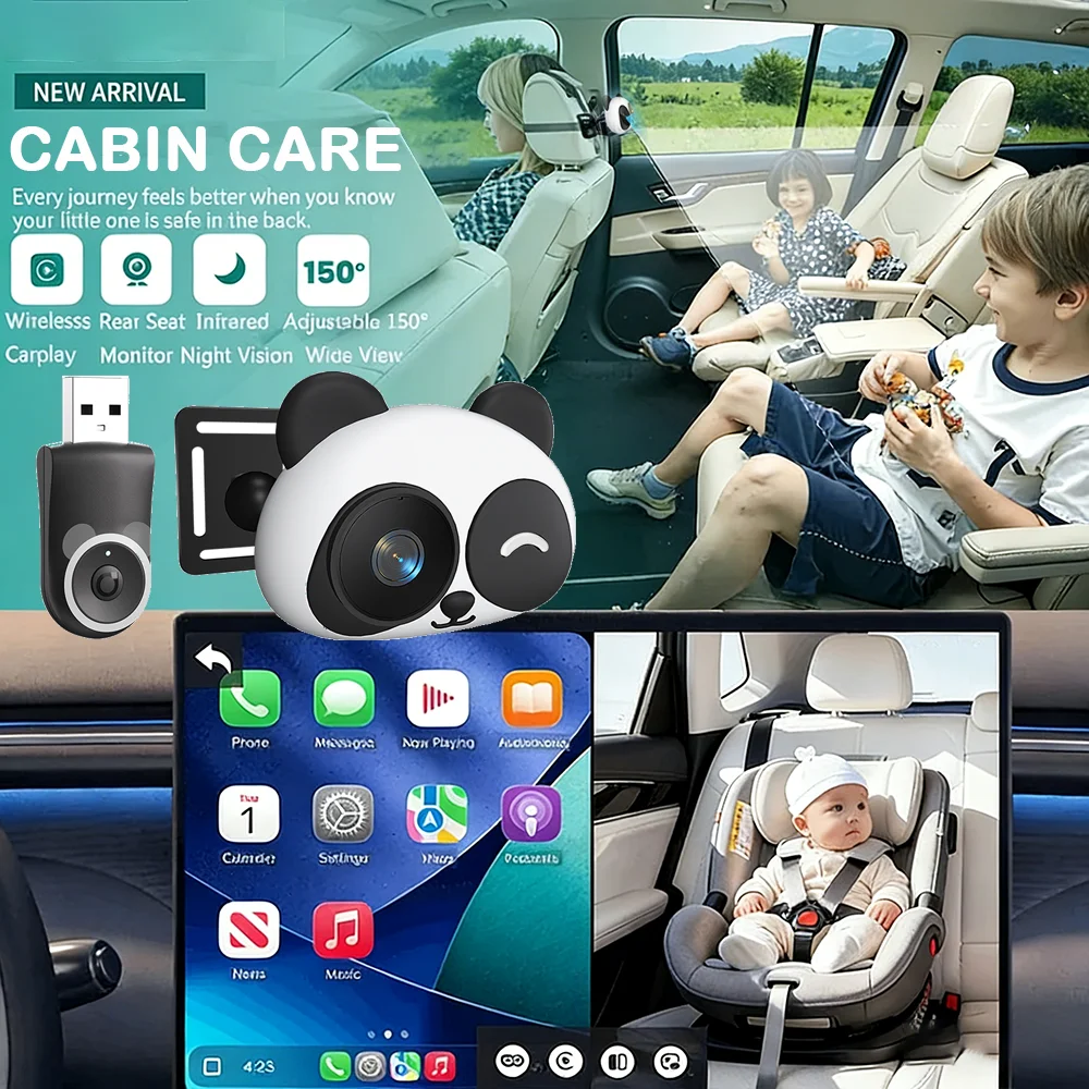 Telecamera per Auto Cabin Care Baby con Adattatore Wireless Carplay 1080P 150 ° Monitor per sedile posteriore con visione notturna ad angolo ampio, facile da installare