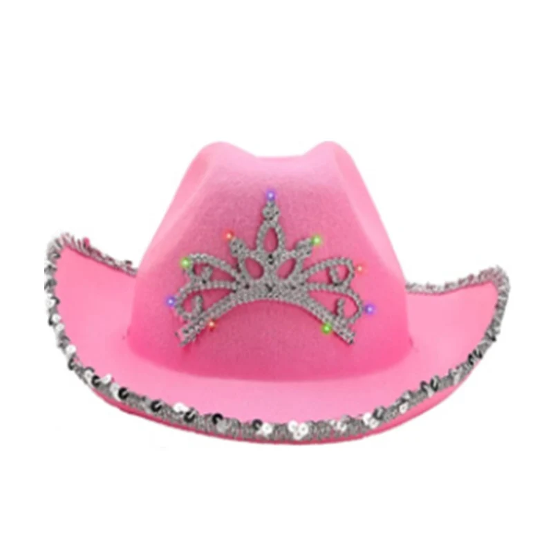 Western Style Cowboy Hat Pink Women Girls Party Cap with Light Warped Wide Brim with Feather Sequin Crown Tiara Cowgirl Hat cowboy hats cowgirl hats