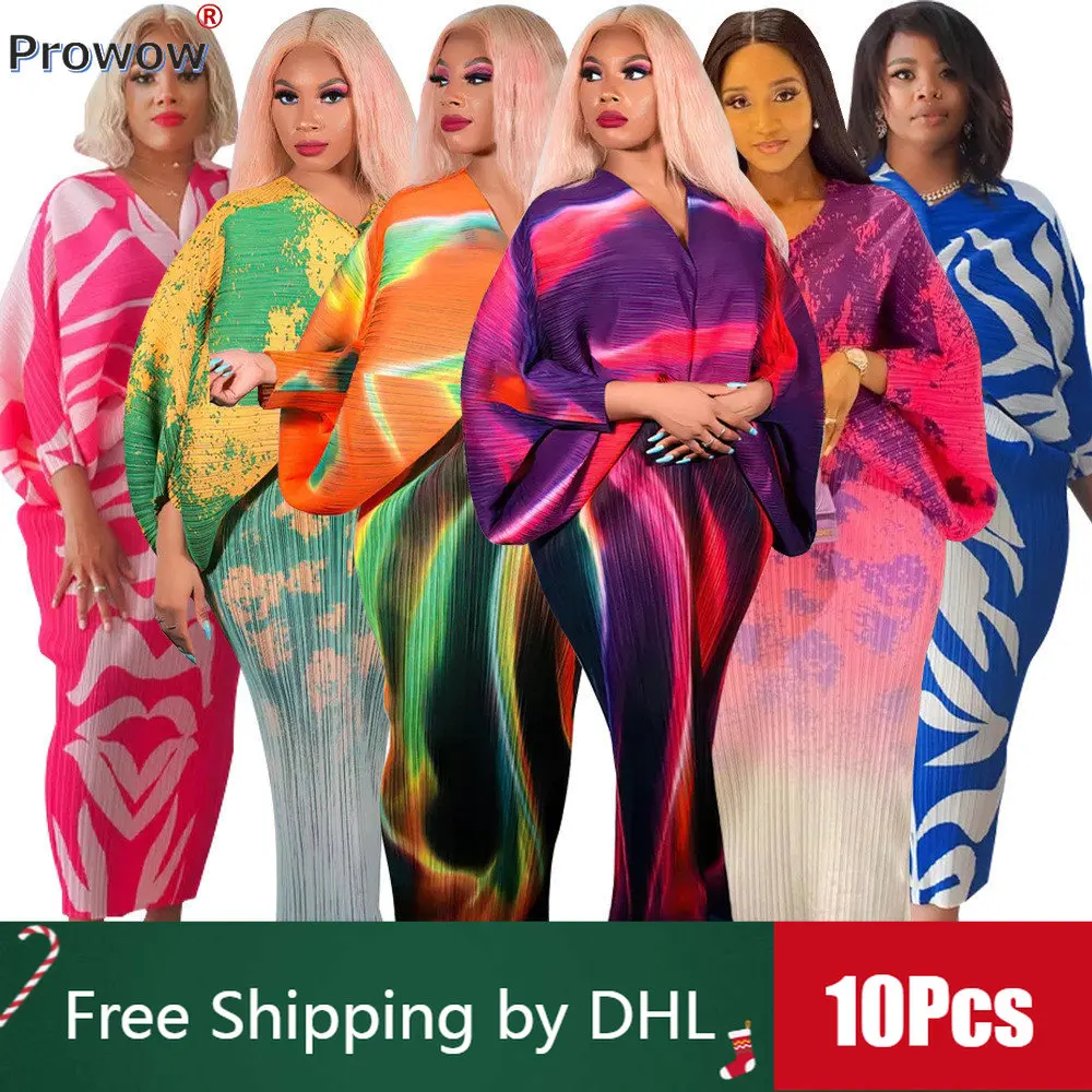 

10Pcs Bulk V-neck Printed Dresses Summer 2023 Y2k New Streetwear Batwing Sleeve Pleated Maxi Dress Double Wearing Wholesale 9807