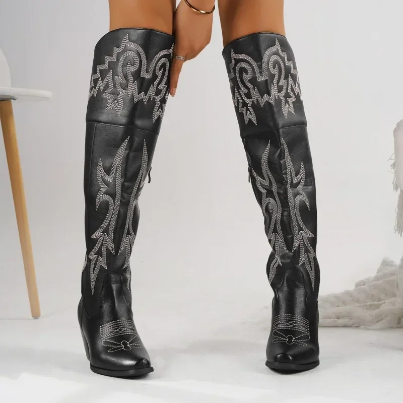 

Женские брендовые Сапоги выше колена, модные современные сапоги с вышивкой, привлекательная женская обувь с острым носком, 2023