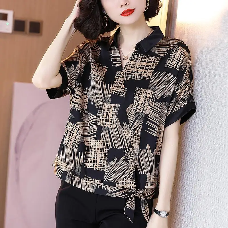 

Ladies Elegant Printing Chiffon Turn-down Collar Short Sleeve Blouse Summer Fashion Irregular Lacing Loose Patchwork Shirts Tops