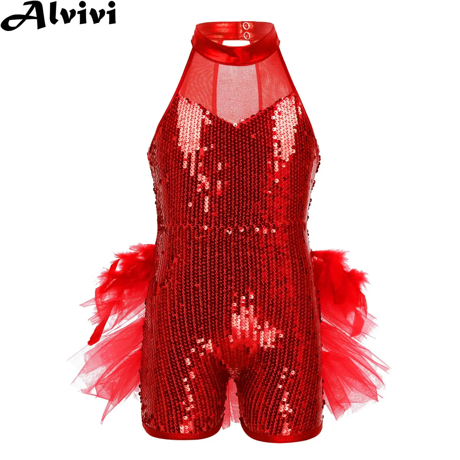 

5-16Y Girls Ballet Jazz Latin Dance Performance Costume Sleeveless Sequin Jumpsuit Leotard Tutu Skating Gymnastics Dancewear