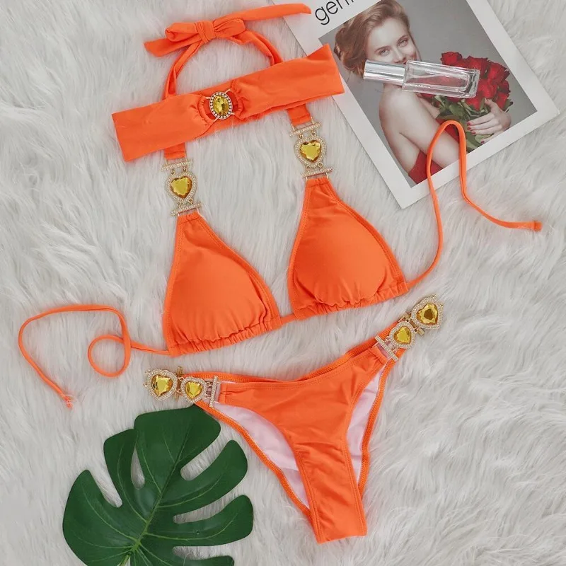 Women Swimsuit 2 Piece Sexy Shiny Crystal Diamond Rhinestones Bandage Bikini Set