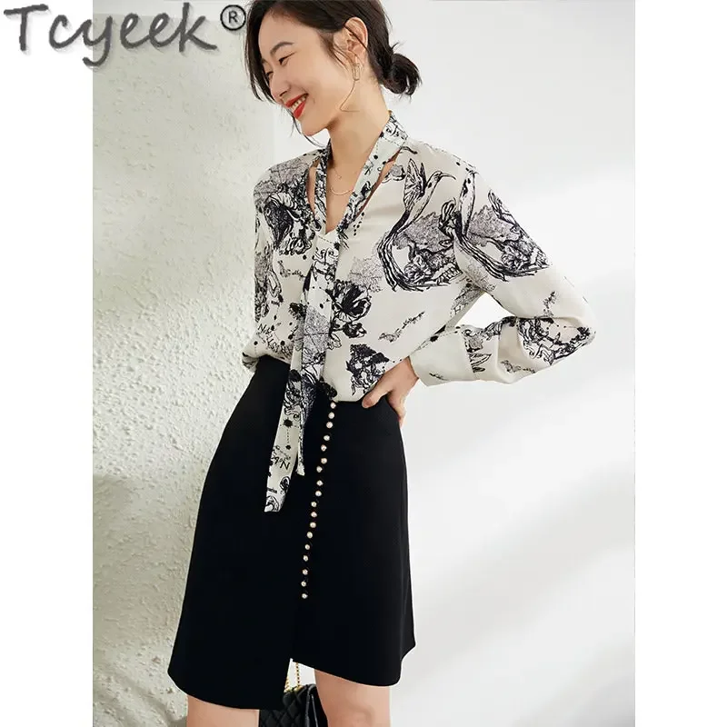 

Tcyeek92% Mulberry Silk Blouses Elegant 2023 Spring Summer Shirt for Women Silk Blouse Long Sleeve Top Floral Blouses and Shirts