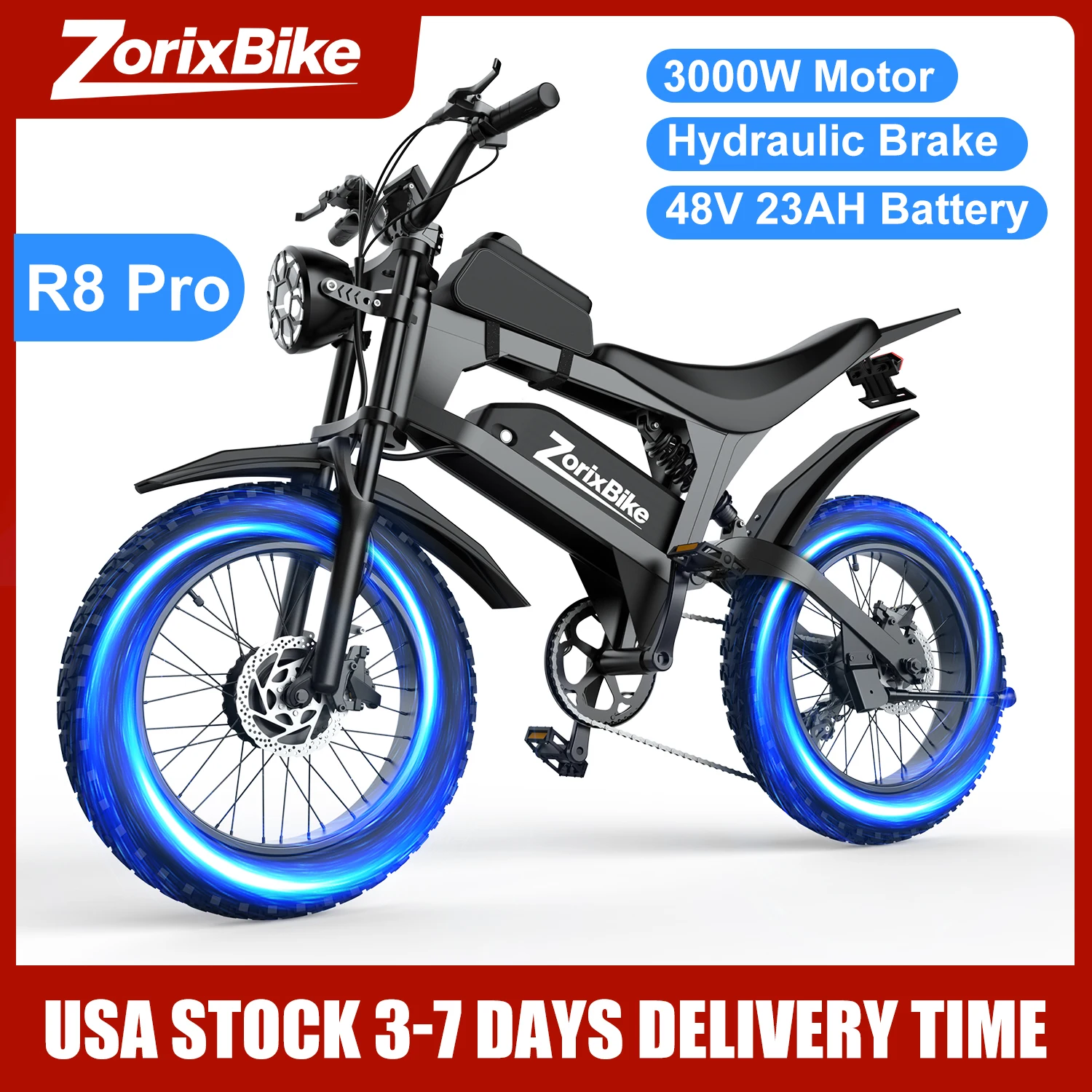 ZorixBike R8 Pro Electric Off-Road Bike 20x4.0 3000W 35Mph 80Mile 48V 23Ah,7 Speed Wide Tire All Terrain E-Bike For Adult