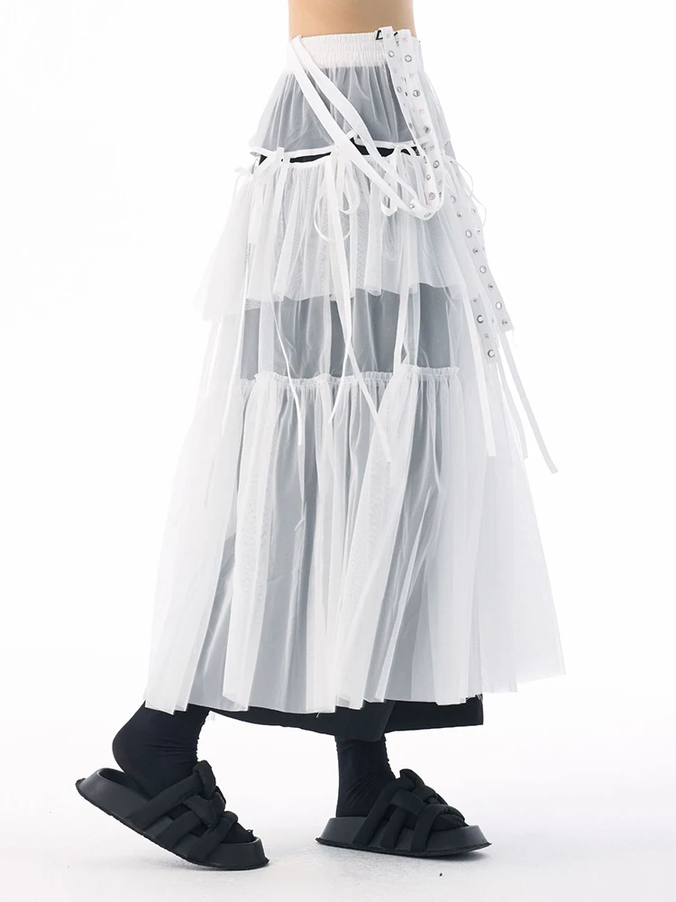 [EAM] High Elastic Waist Coffee Mesh Perspective Ribbon Strap Half-body Skirt Women Fashion Tide New Spring Autumn 2026 1DJ5044