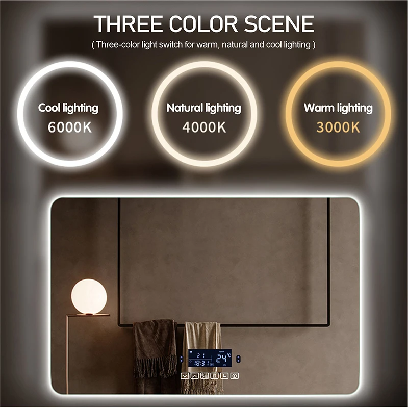 60x80cm Dimmable LED Smart Rectangular Wall Mounted Bathroom With Body Induction Anti-Fog Bluetooth Backlit Light Vanity Mirror