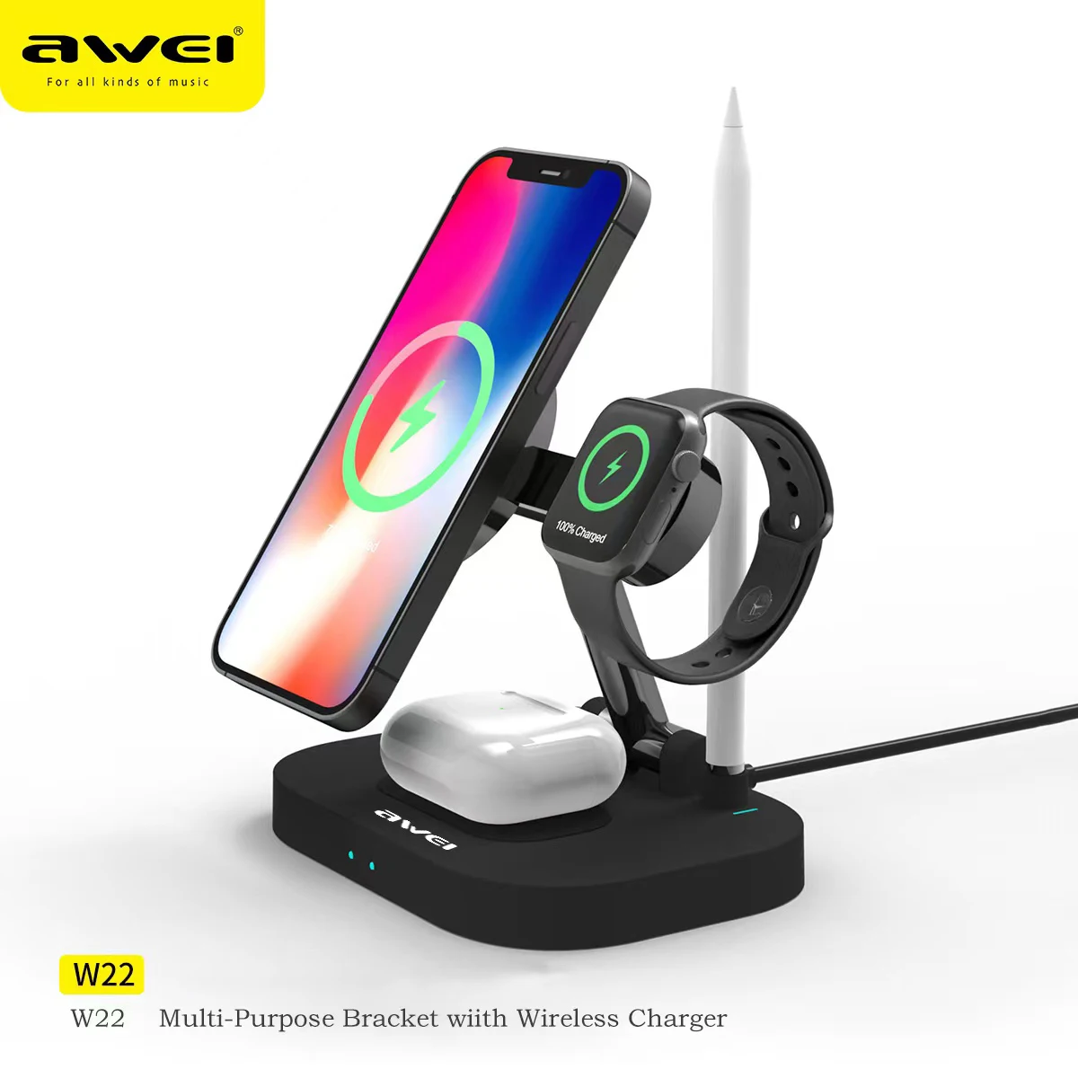 

Awei W22 складное Беспроводное зарядное устройство 4 в 1 быстрая зарядка для мобильного телефона умные часы наушники 15 Вт Магнитная зарядная подставка