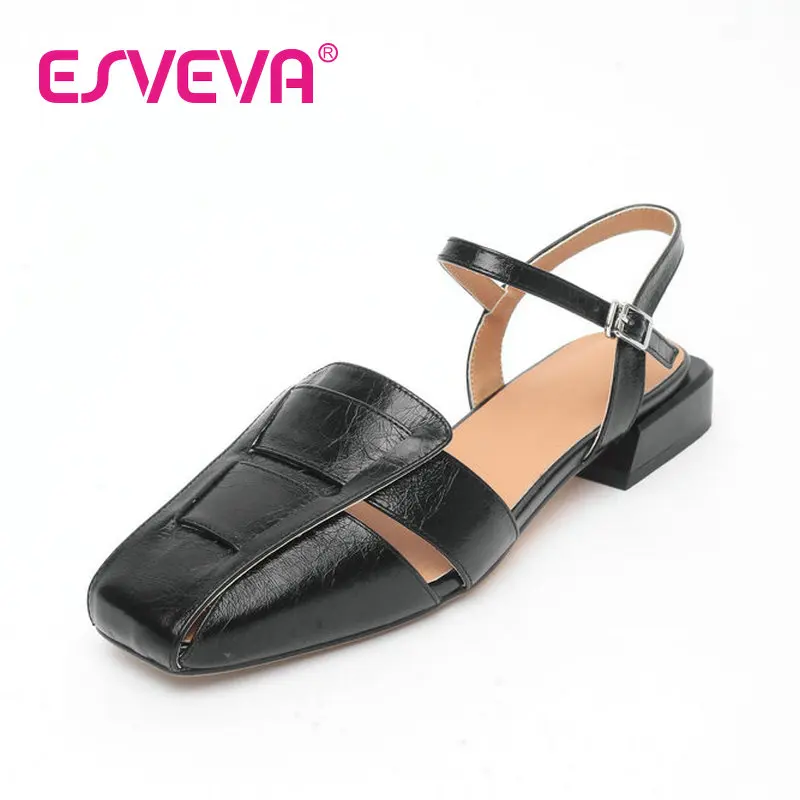 

ESVEVA 2023 knit Elegant Cow Leather Basic Shoes British Nobility Style Med Heel Buckle Office Square Toe Shoes Woman 34-39