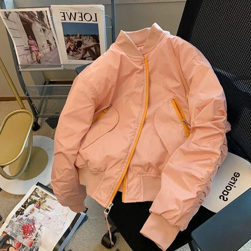 

Pink Standing Collar Cotton Jacket Women Korean College Zipper Sweet Fashion Solid Loose Baseball Coat Winter Warm Elastic Top