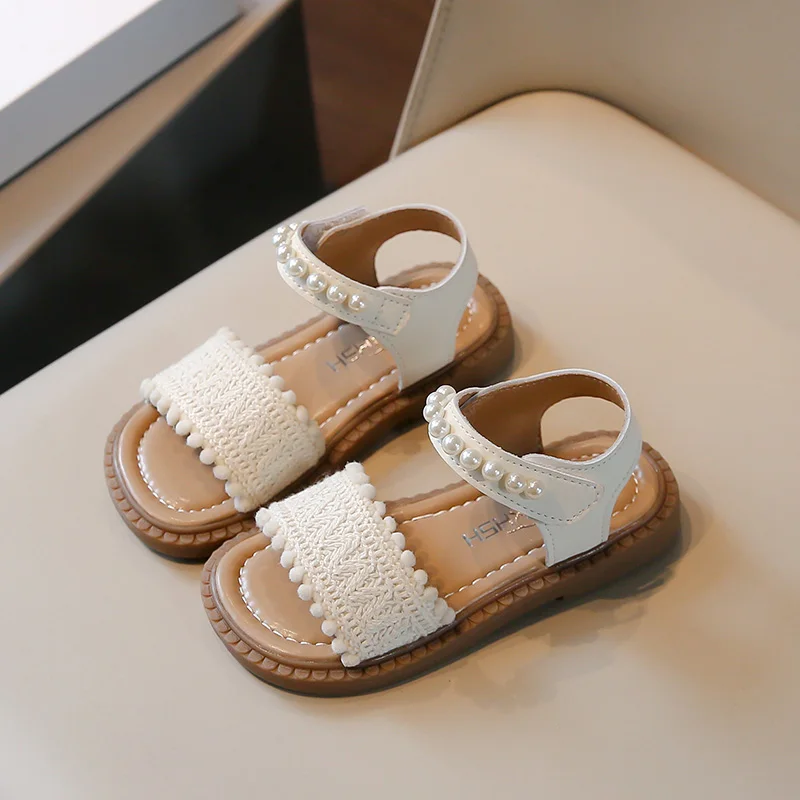 Unishuni Girls Sandals Princess One-Strap Summer Shoes Child Soft Skin-Friendly Cloth Sandal Kids Lace Pearl Bohemia Beach Flats 2