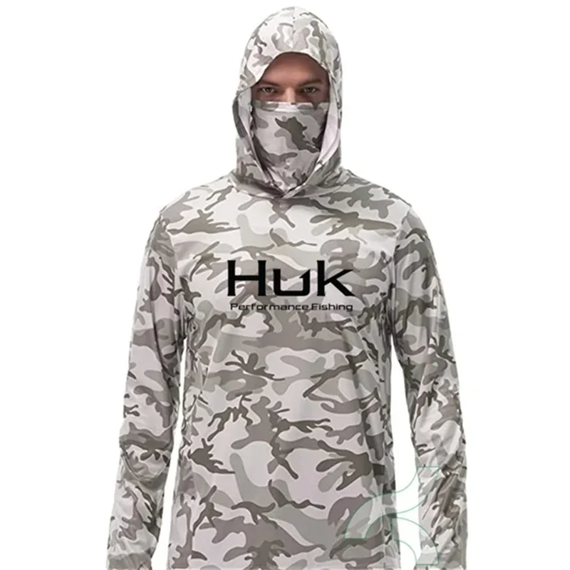 

HUK Fishing Shirt UPF 50+ Hooded Face Cover Fishing Clothes Sun UV Protection Long Sleeve Hoodie Men's Face Mask Camisa De Pesca
