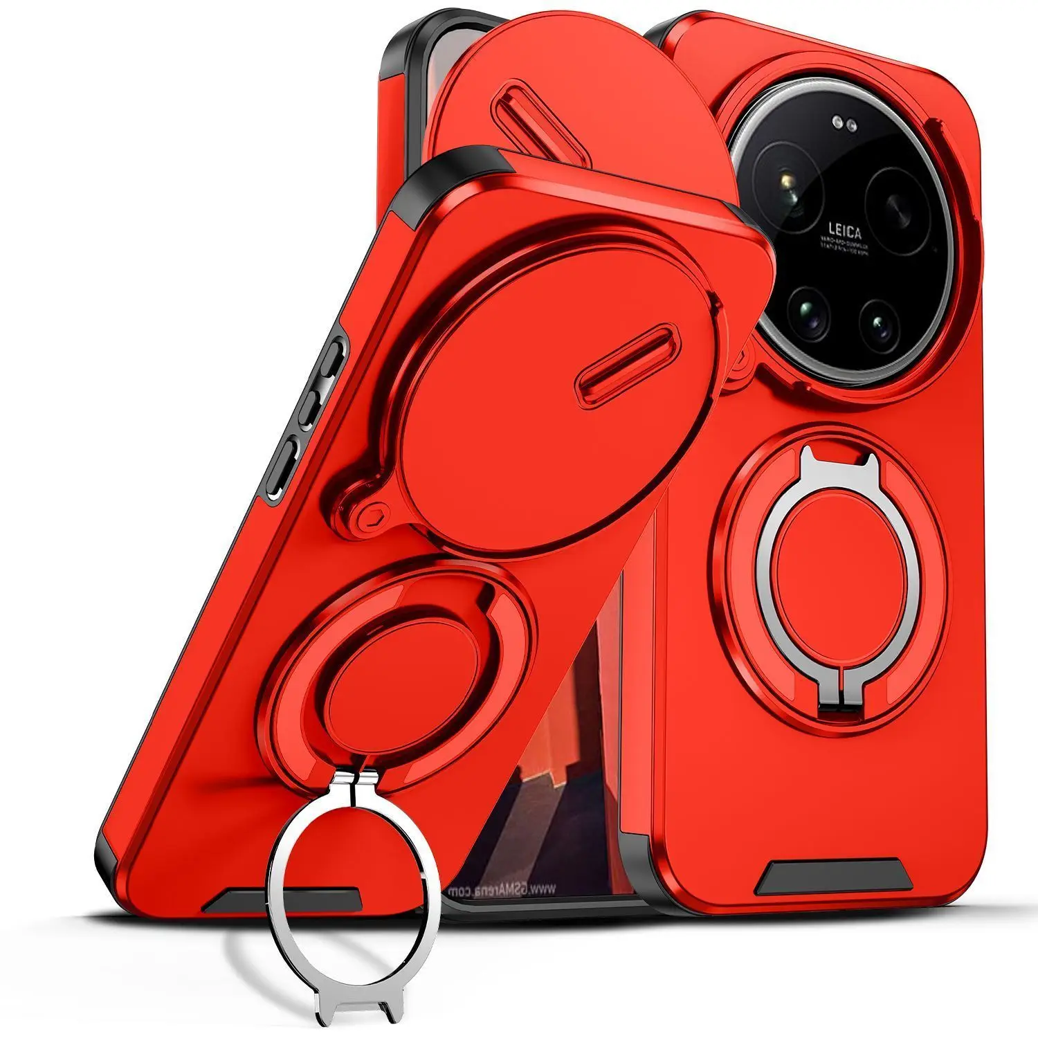 Enhanced Sliding Lens Protection Armor Phone Case with 360° Rotating Ring Kickstand and Shockproof Back Cover