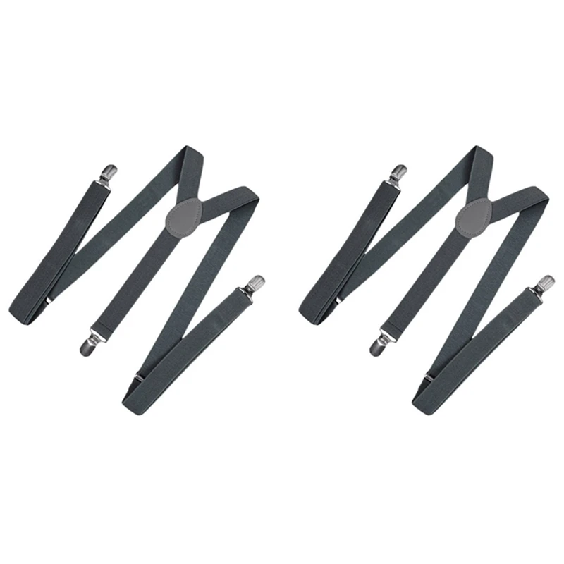 

2X Unisex Clip On Suspender Elastic Y-Shape Back Formal Adjustable Braces, Dark Gray
