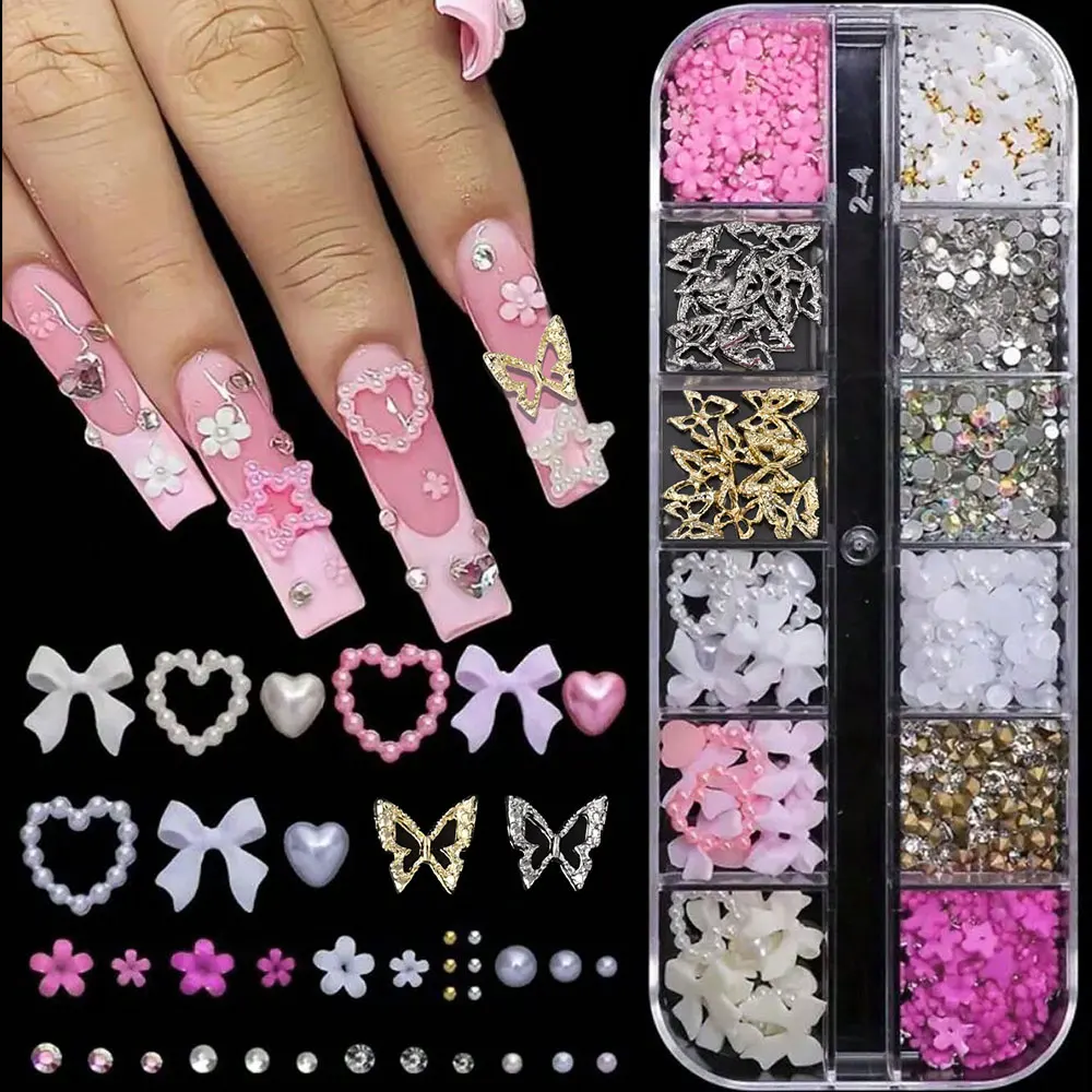 Mixed Resin Bowknot 3D Colorful Nail Charms - Kawaii Rhinestone Nail Art Decorations Set