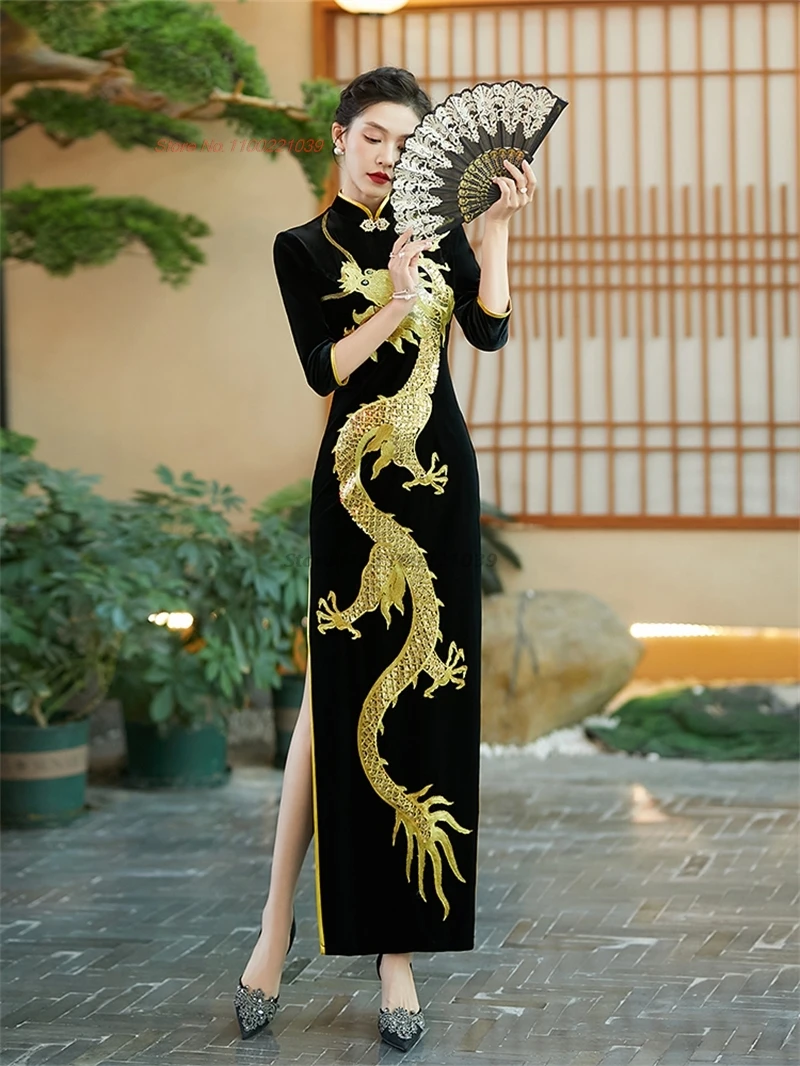 chinese improved dress traditional qipao dress national dragon embroidery velvet qipao oriental banquet evening