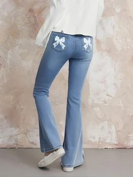 Women s High Waist Flare Jeans with Embroidered Floral Detailing Vintage Bell Bottom Denim Pants Stylish Long Trousers 5