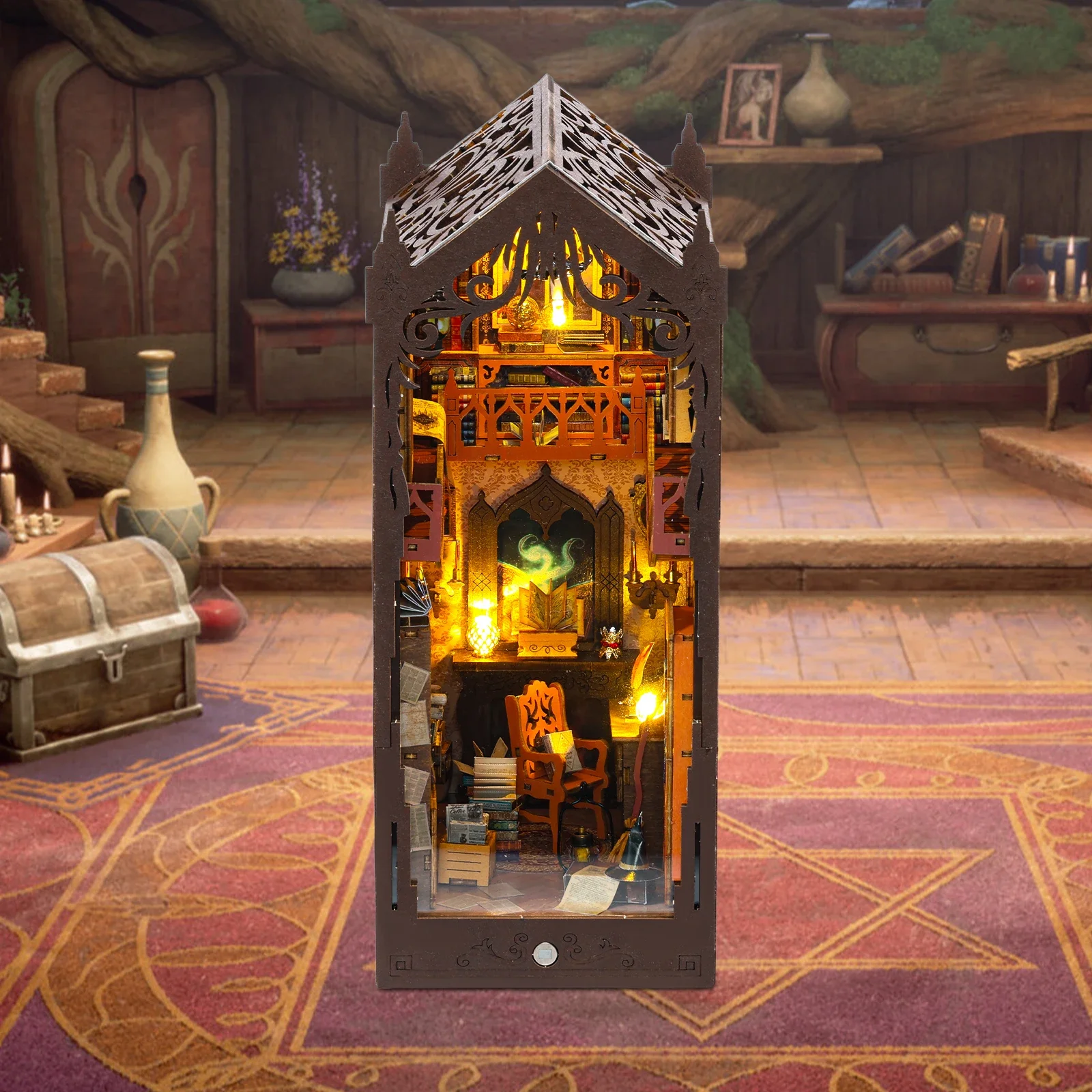 DIY Book Nook Kit 3D Wooden Puzzle Bookshelf Insert with Light DIY Miniature House Model Bookend Building Kits Home Decoration