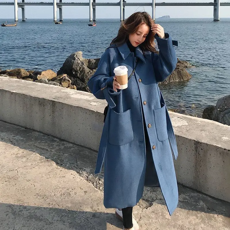 Korean Fashion Woolen Coat Women Warm Solid Colors Long Sleeve Autumn Jacket Oversized Single Breasted Loose Wool Blend Outwear