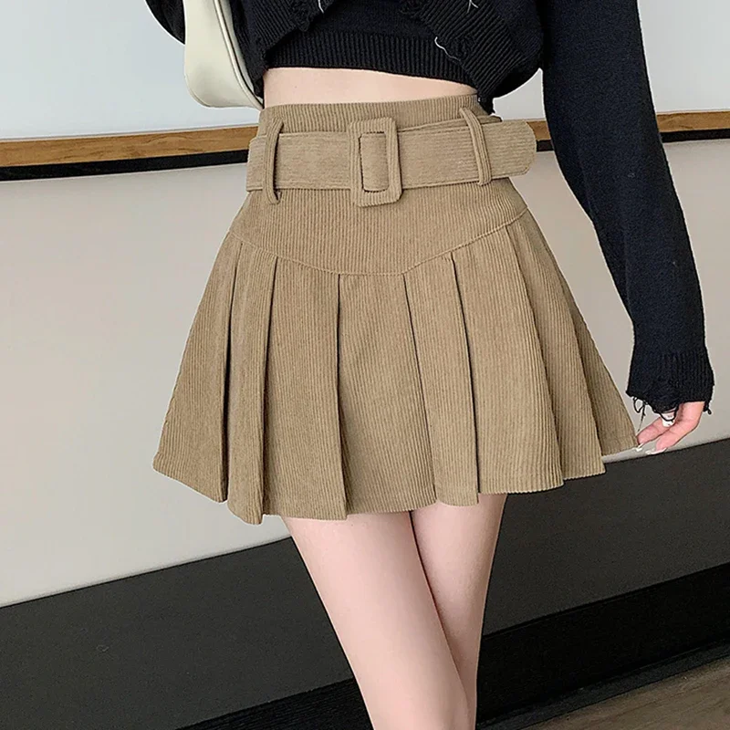 Preppy Style Vintage Woman Corduroy Pleated Skirt With Belt High Waist Winter Casual Retro Kawaii Short Skirts winter coat for women jackets corduroy jacket furlined coats harajuku retro warmth korean fashion lambswool coat thickening new