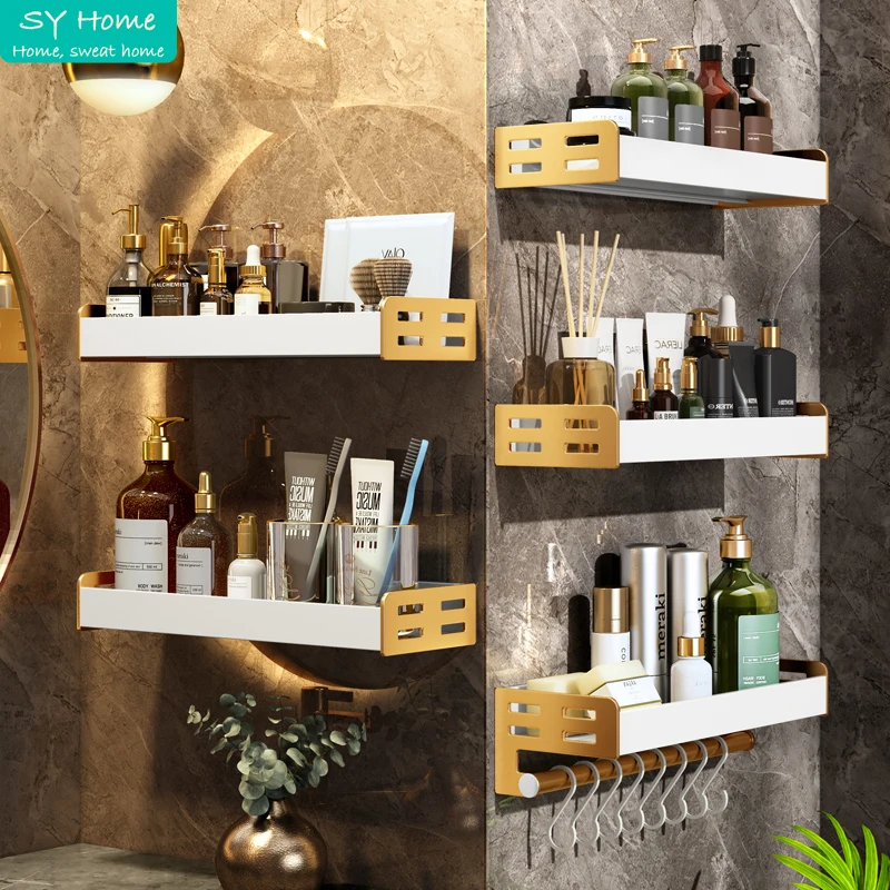 

White Wall Shelf Bathroom Organizer Light Luxury Platinum Wall Hanging Bathroom Space Aluminum Toilet Storage Shelf Organizer