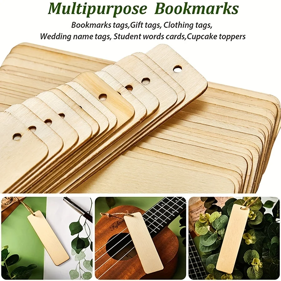 Wooden Blank Bookmark DIY Craft Unfinished Tag List Rectangular with Hole and Rope