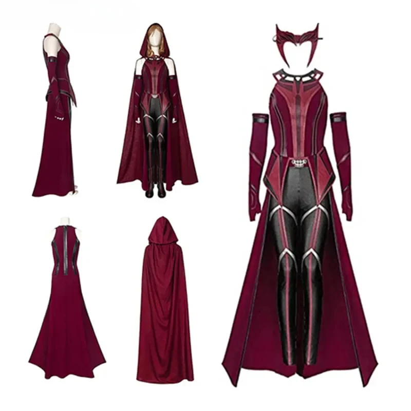 

Female Wanda Maximoff Cosplay Costume Scarlet Witch Headwear Cloak and Pants Full Set Outfit Halloween Accessories Props